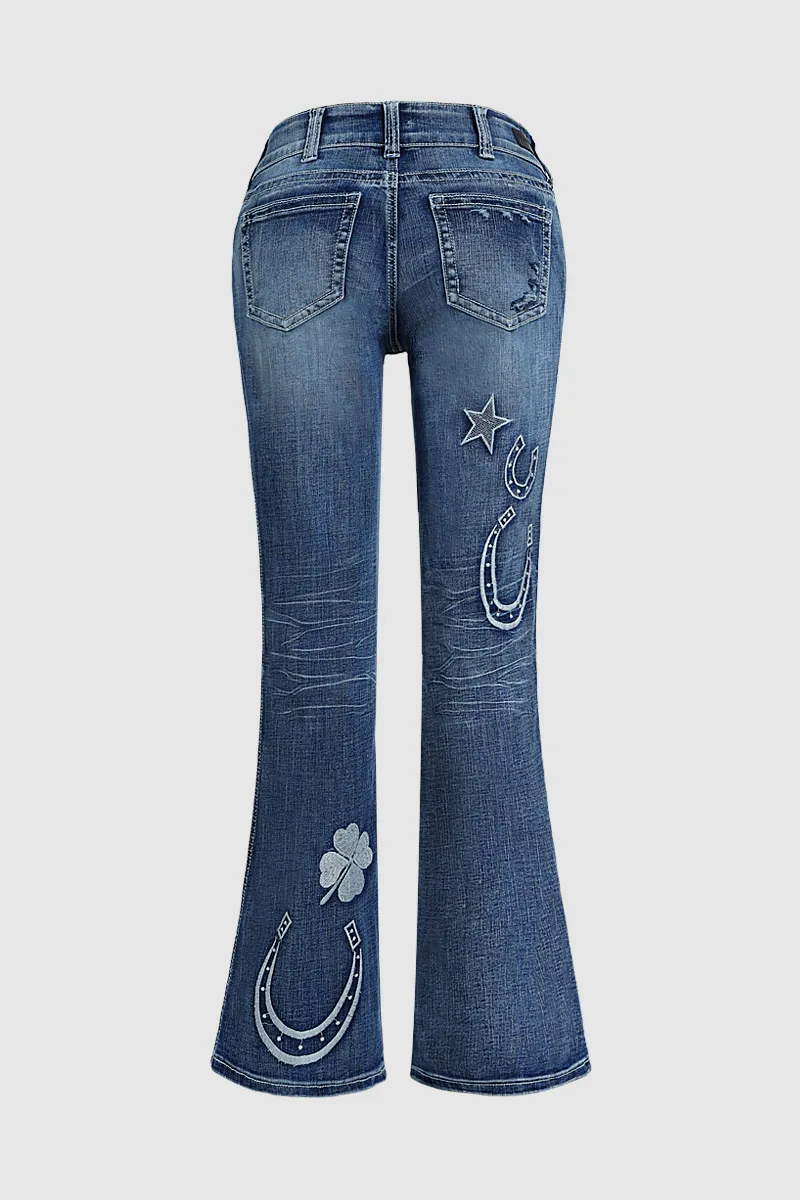 Star & Moon Pattern Double Button Mid Rise Flare Jeans