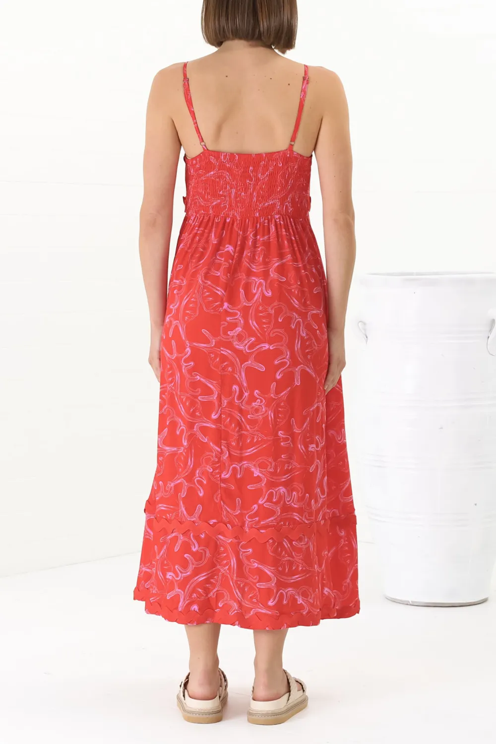 Red Patterned Asymmetric Hem Midi Dress