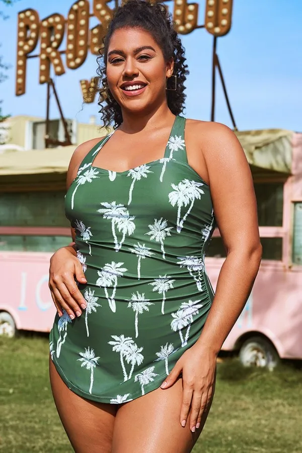 Green Palm Tree Slim One Piece Swimsuit
