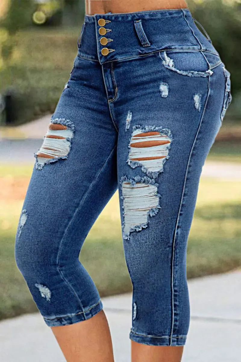 Button Fly Ripped Wash Stretchy High Waist Capri Jeans