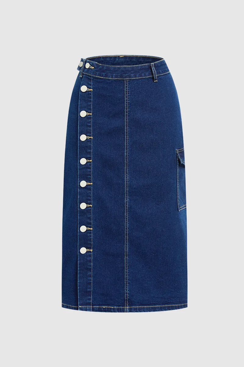 Button Fly Split Mid Waist Midi Denim Skirt