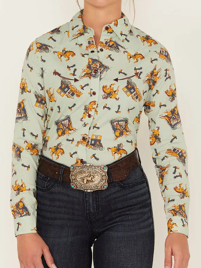 Women's Vintage Western Print Long Sleeve Shirt
