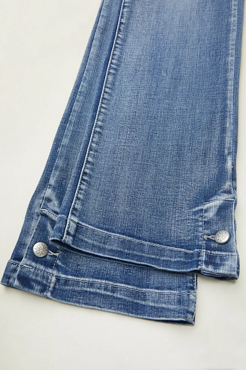 Embroidered Pocket Buttoned Hem Mid Waist Bootcut Jeans Without Belt