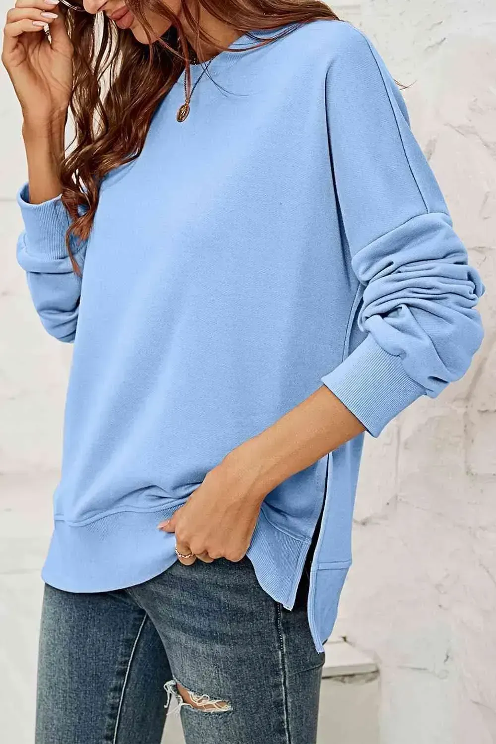 Round Neck  Dropped Shoulder Slit Sweatshirt AC