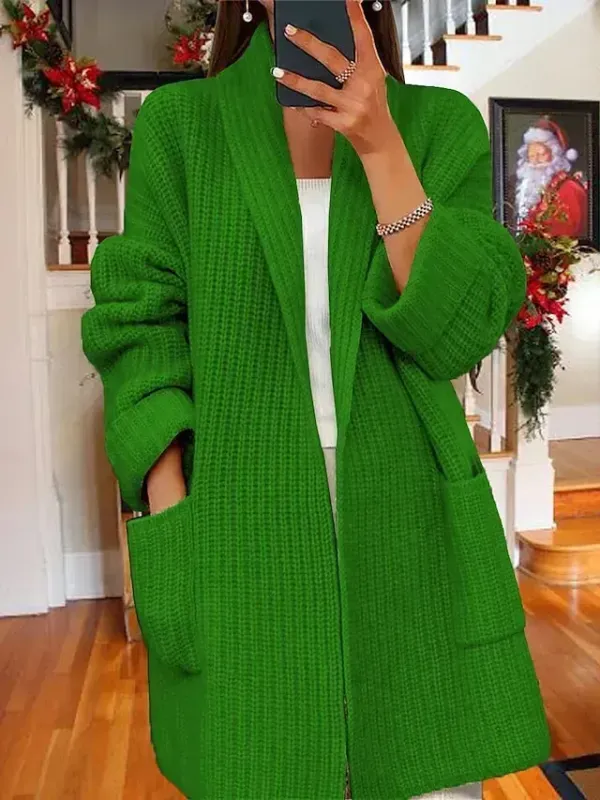 Women‘s Christmas Cardigan Coat Shirt Collar Ribbed Knit Polyester Knitted Front Pocket Fall Winter Long Outdoor Holiday Xmas Going out Stylish Casual Soft Long Sleeve Pure Color Red Green S M L
