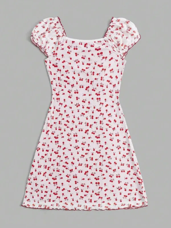 Kawaii Cherry Print Bow Front Dress