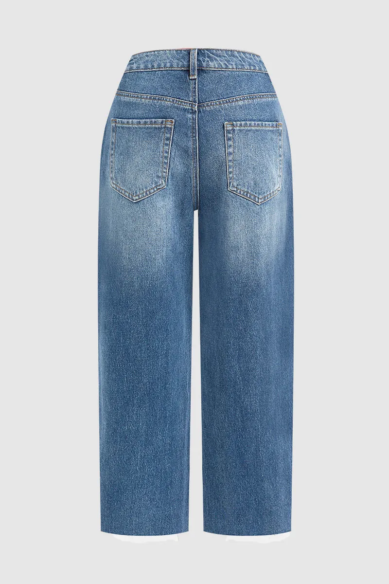 Wash Ripped Raw Hem Mid Rise Crop Jeans