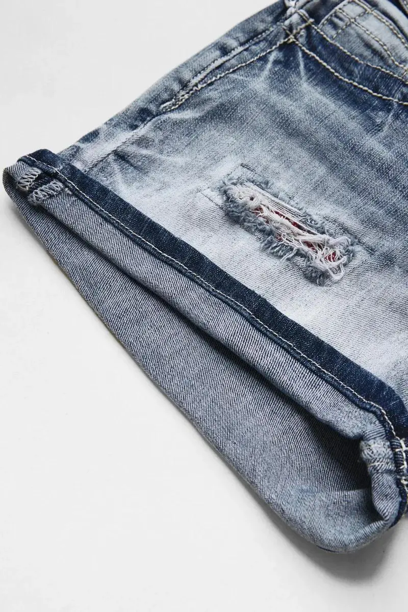 Wash Paisley Patched Ripped Mid Rise Denim Shorts