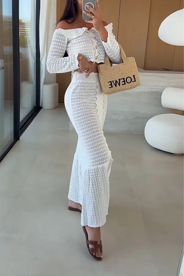 Women'S Fashion Hollow Stretch Knit Top And Skirt Two-Piece Set
