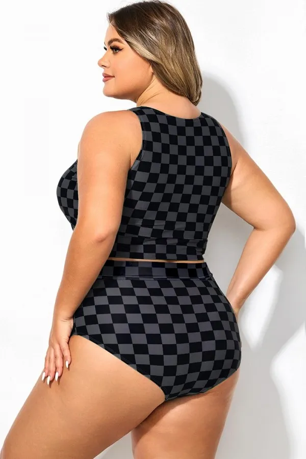 Black Grey Check Knotted Crop Bikini Top