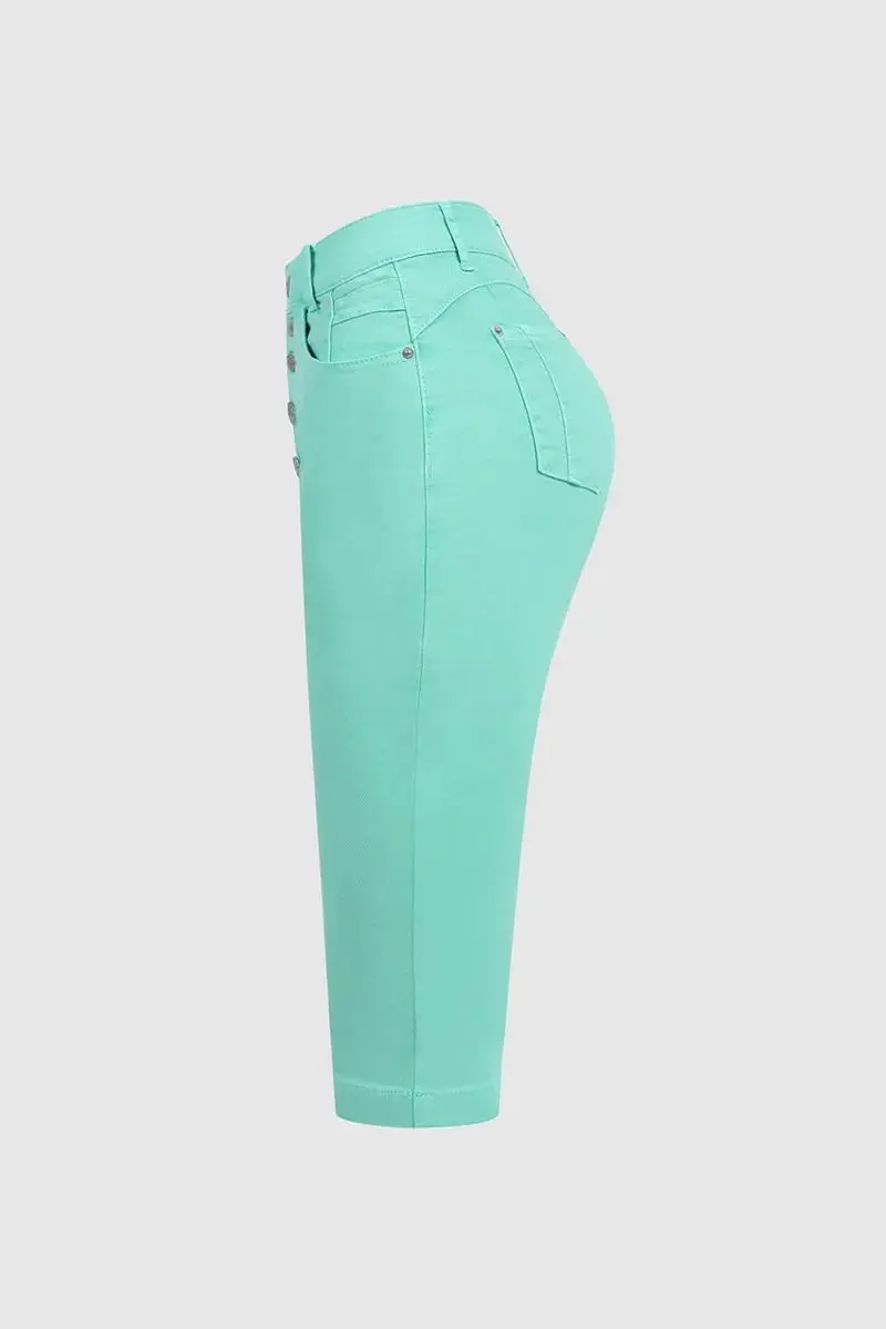 Solid Stretchy Button Fly High Waist Capri Jeans