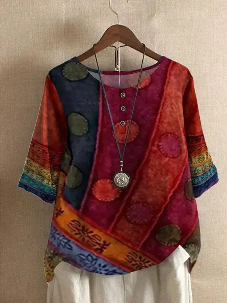 Tribal Pattern O-neck Half Sleeve Loose Women T-shirt