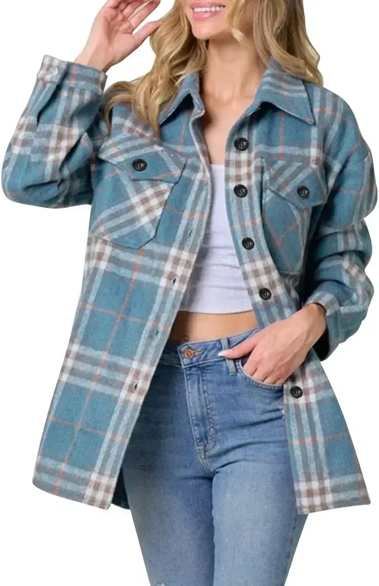 Womens Casual Plaid Shacket Button Down Long Sleeve Shirt