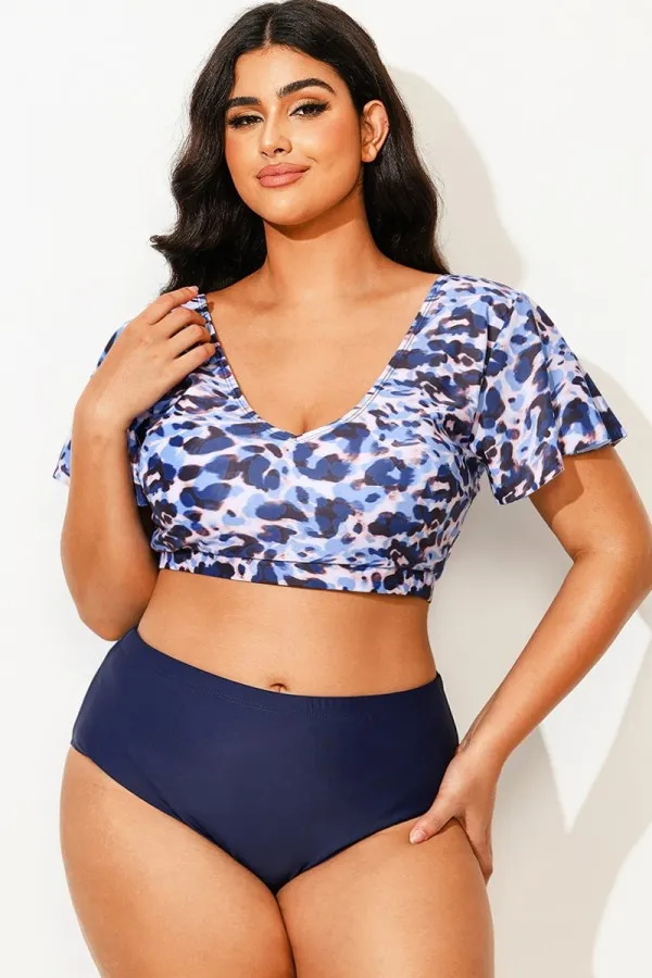 Floral Print V-Neck Flutter Sleeve Bikini Top