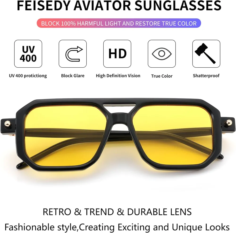 FEISEDY Vintage Square 70s Flat Aviator Sunglasses Women Men Classic Retro Stylish Frame UV400 Sunglasses B2622