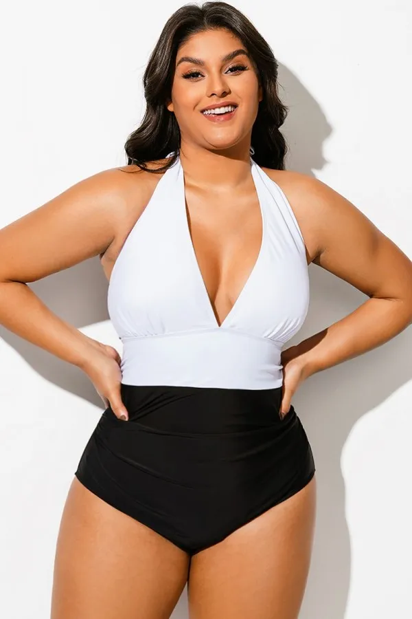 Black & White Colorblock Halter Backless One Piece Swimsuit
