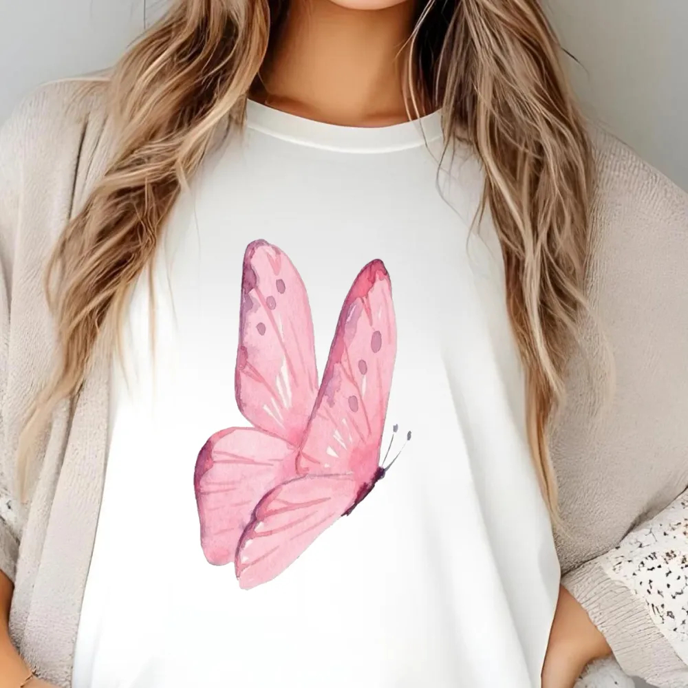 Pink Painted Butterfly Pattern Casual T-Shirt