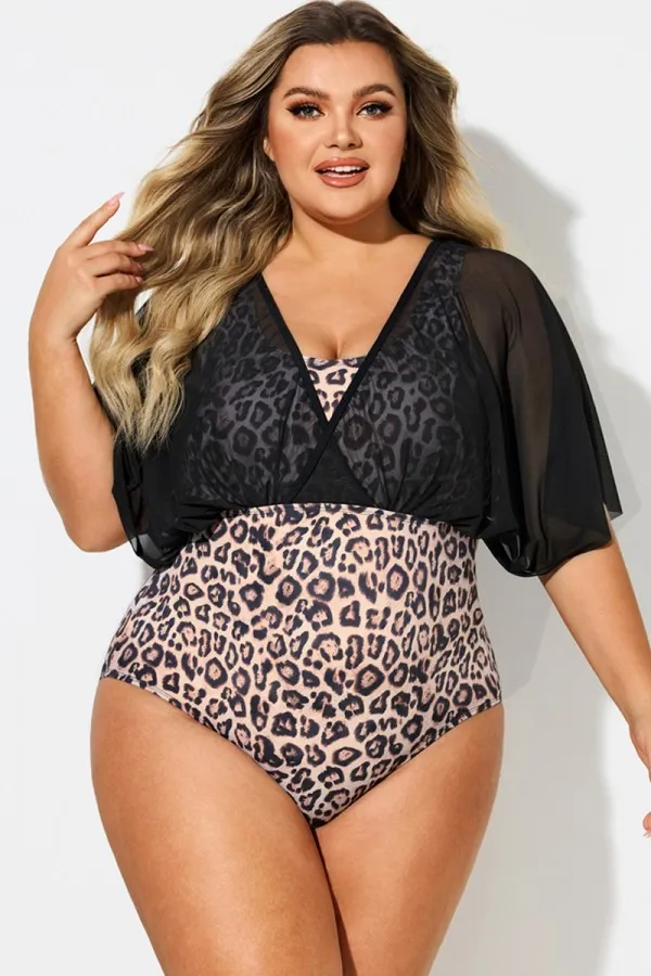 Solid Black Mesh Patchwork One Piece Swimsuit