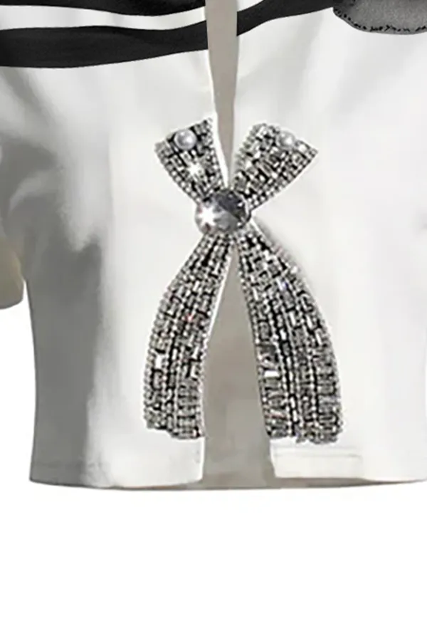 Sparkly Crew Neck Split Crystal Bow Embellished Short Sleeve Crop T Shirt