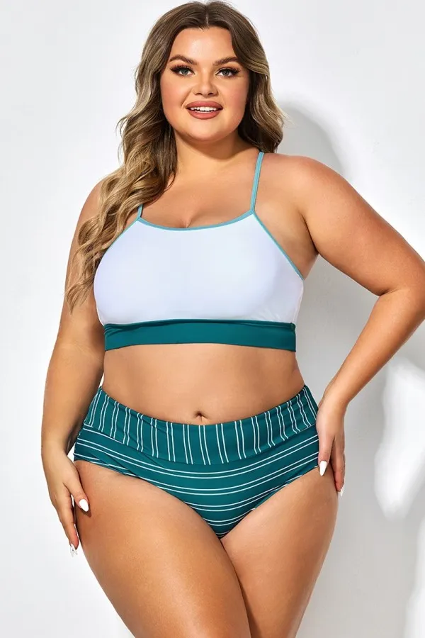 Teal Striped Women Bikini Top
