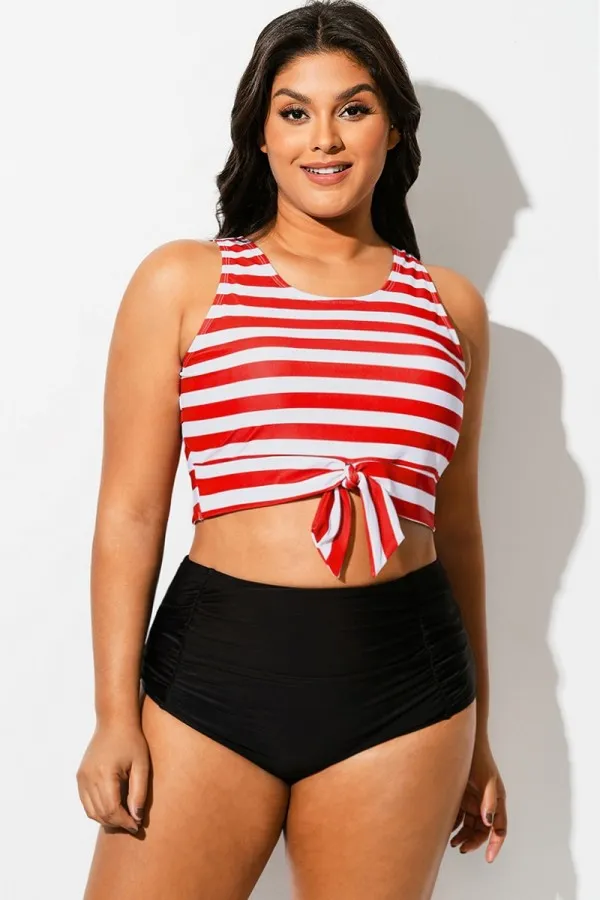Red & White Striped Knotted Crop Bikini Top