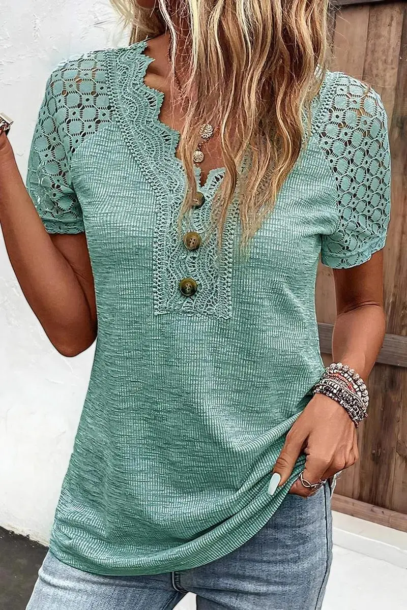 Rib-Knit Contrast Lace Button Detail Short Sleeve T-Shirt