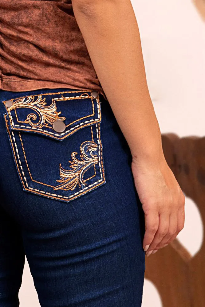 Wash Graphic Embroidery Flap Pocket Mid Rise Bootcut Jeans Without Belt