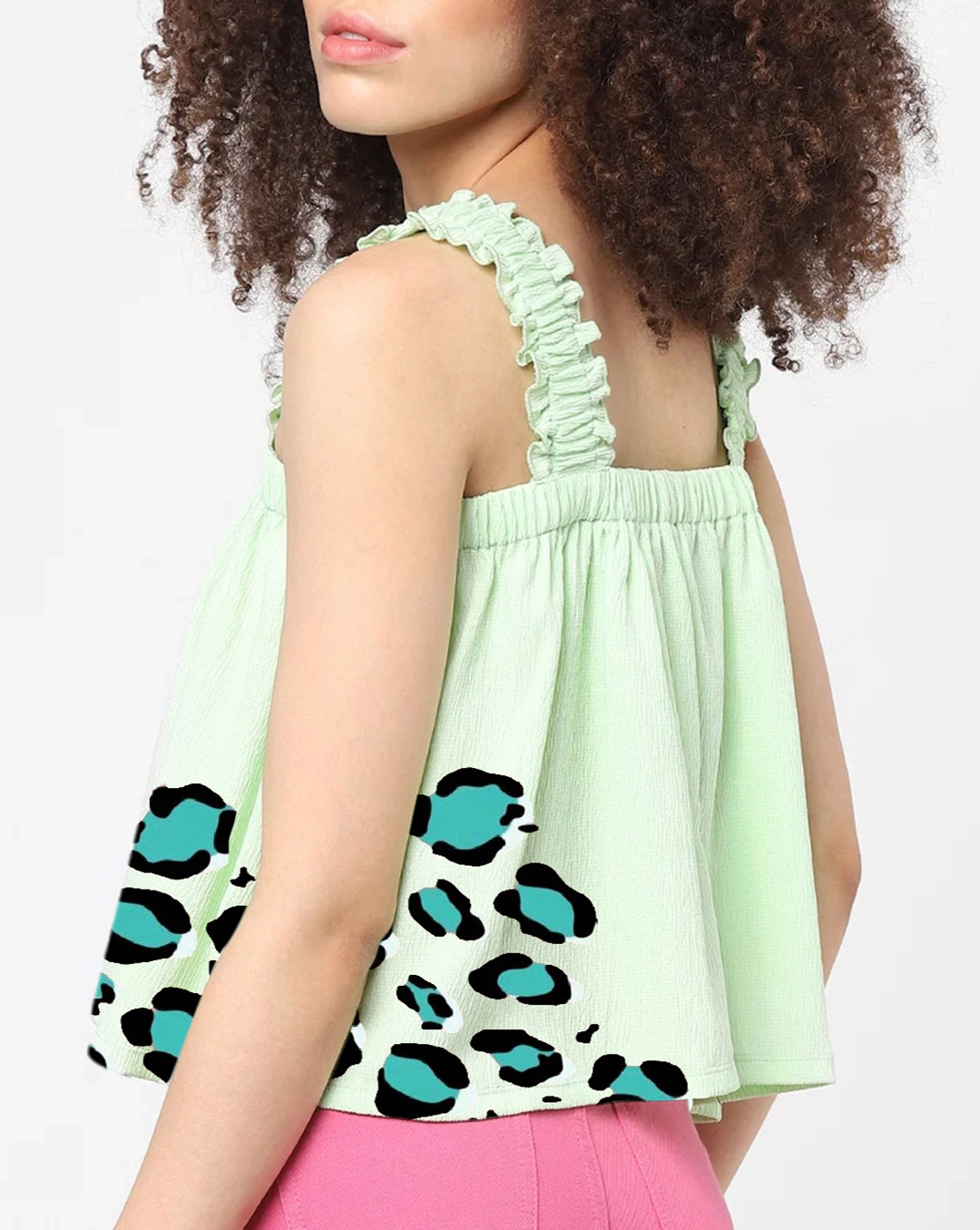 Light Green Ruffled Leopard Print Crop Top