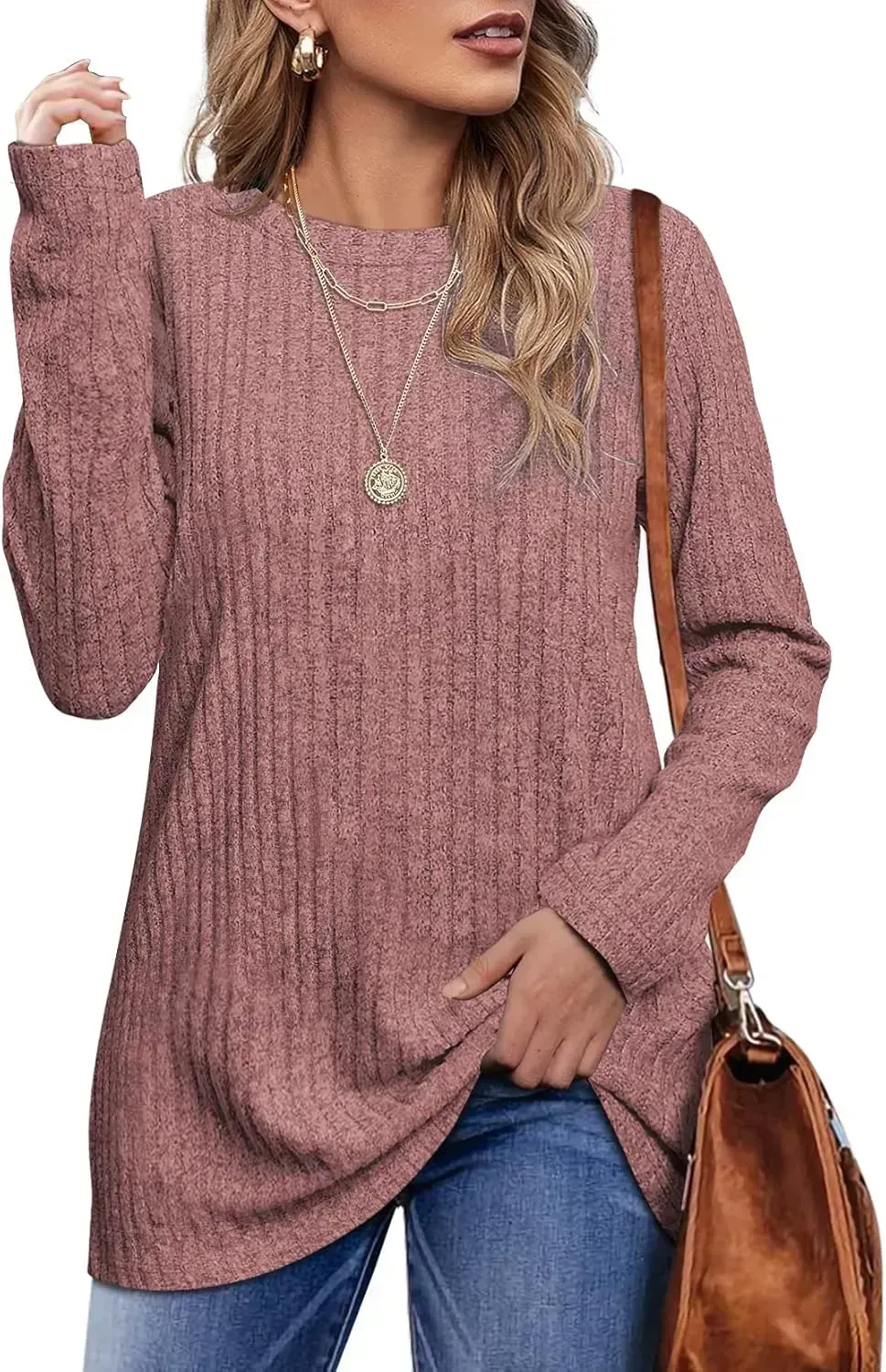 OFEEFAN Long Sleeve Shirts for Women Lightweight Crew Neck Casual Tunic Tops