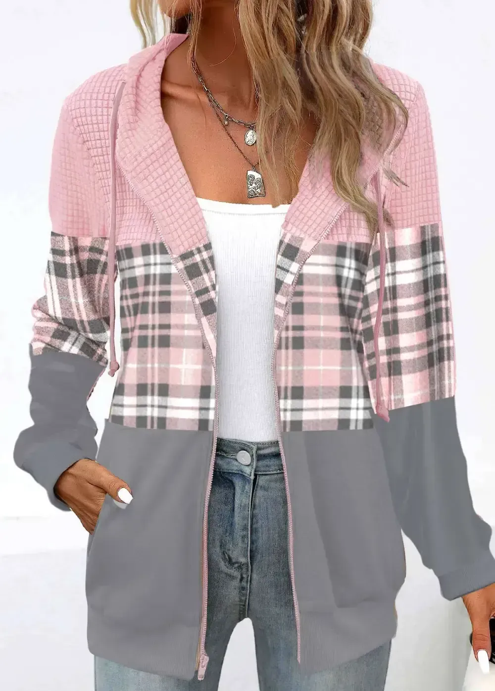 Light Pink Patchwork Plaid Long Sleeve Hoodie