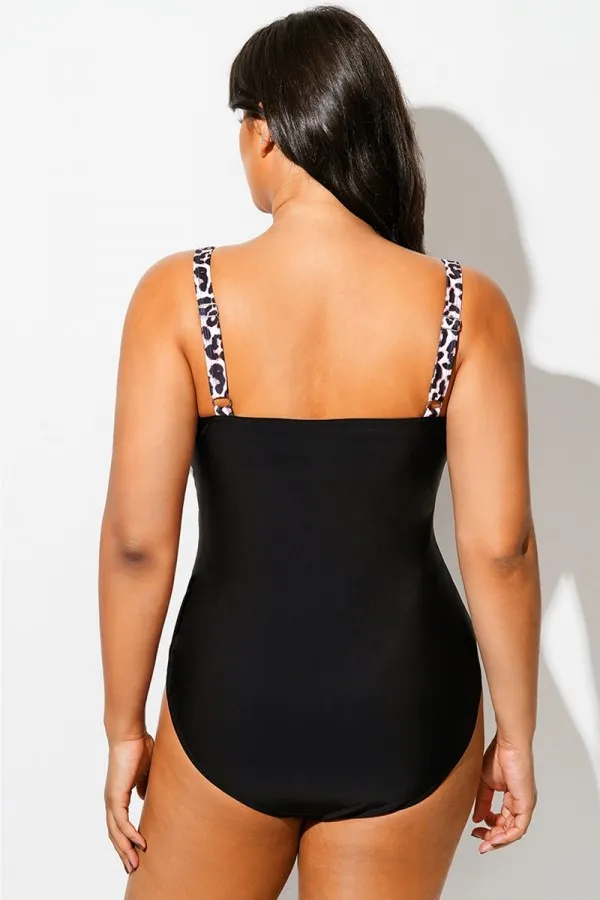 Black Leopard Print V-Neck One Piece Swimsuit