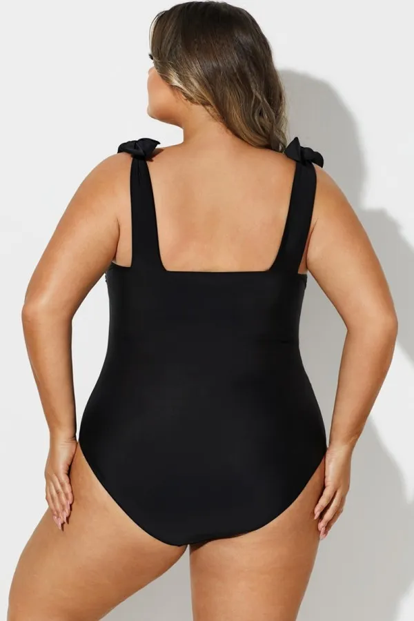 Black Square Adjustable Tie One Piece Swimsuit