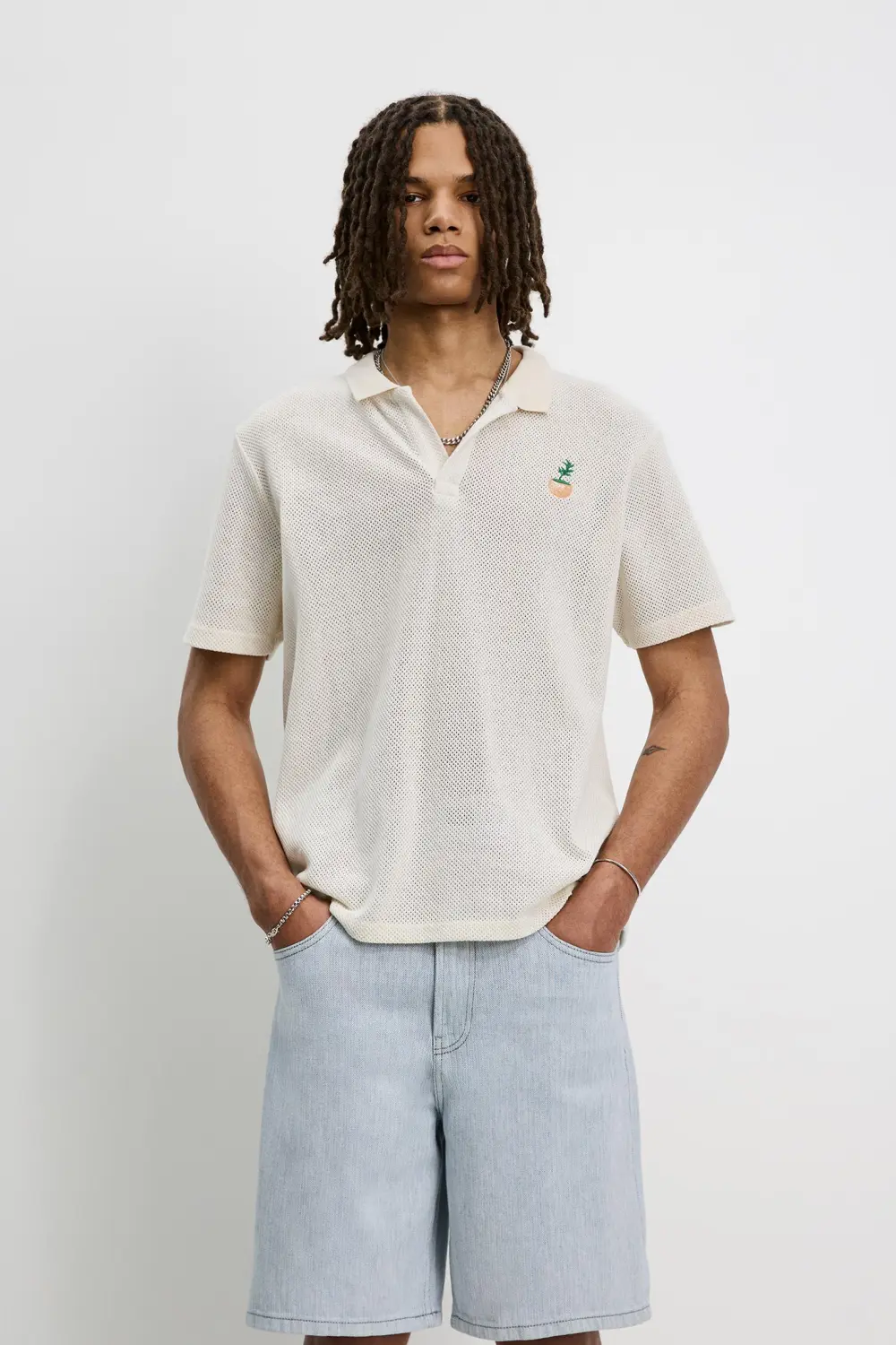 Semi-sheer fabric graphic polo shirt