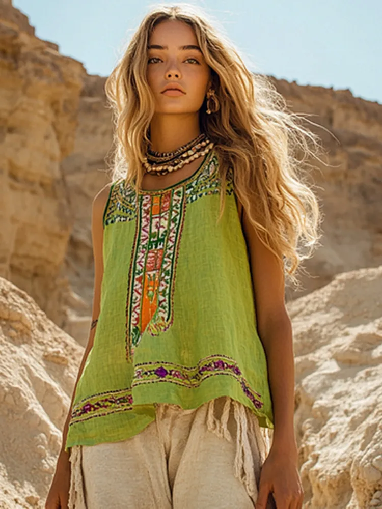 Women's Retro Loose Bohemia Ethnic Style Linen V-neek Sleeveless Top