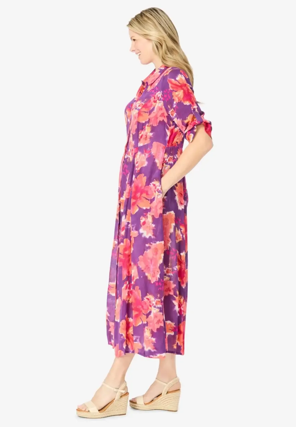 Roll-Tab Sleeve Crinkle Shirtdress