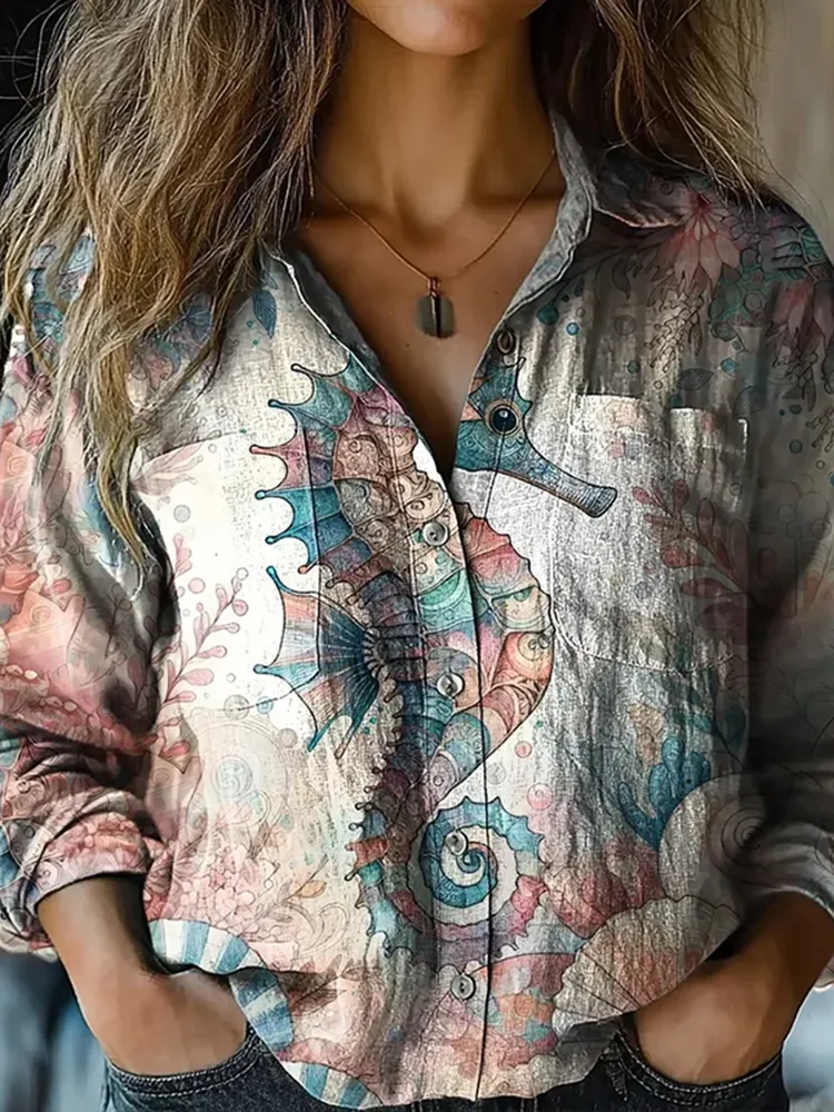Vintage Seahorse Art Linen Print Long Sleeve Shirt