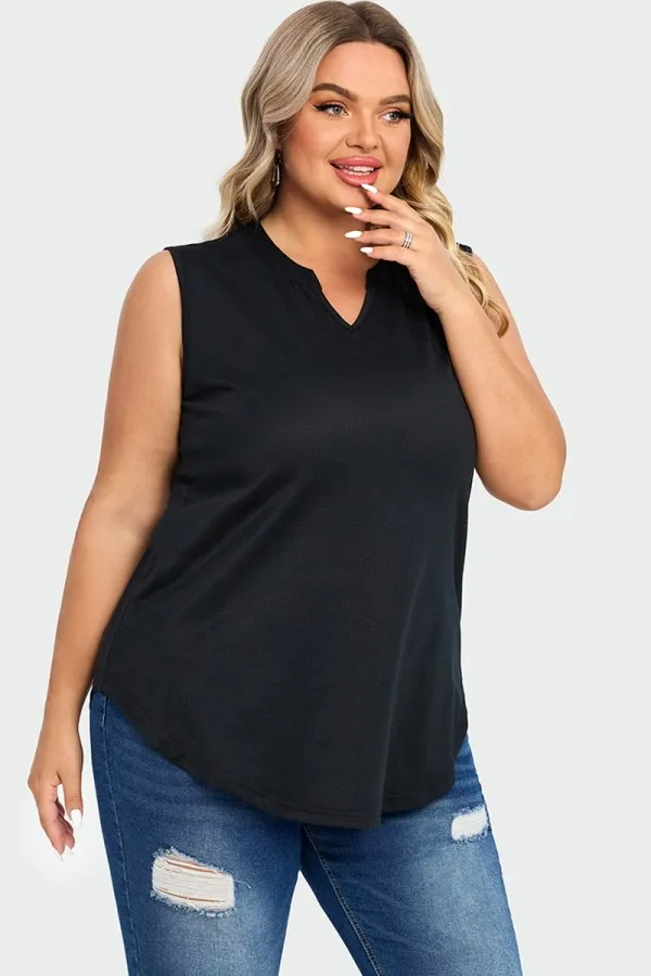 Solid Black Hem Sleeveless Notched V Neck Tank Top
