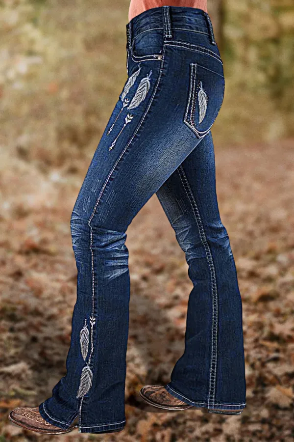 Feather Embroidery Split Hem Mid Waist Bootcut Jeans