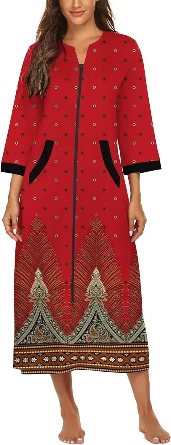 Women Zipper Robe 3/4 Sleeves Loungewear Dress Full Length Sleepwear Pockets Housecoat Nightgown Long Bathrobe