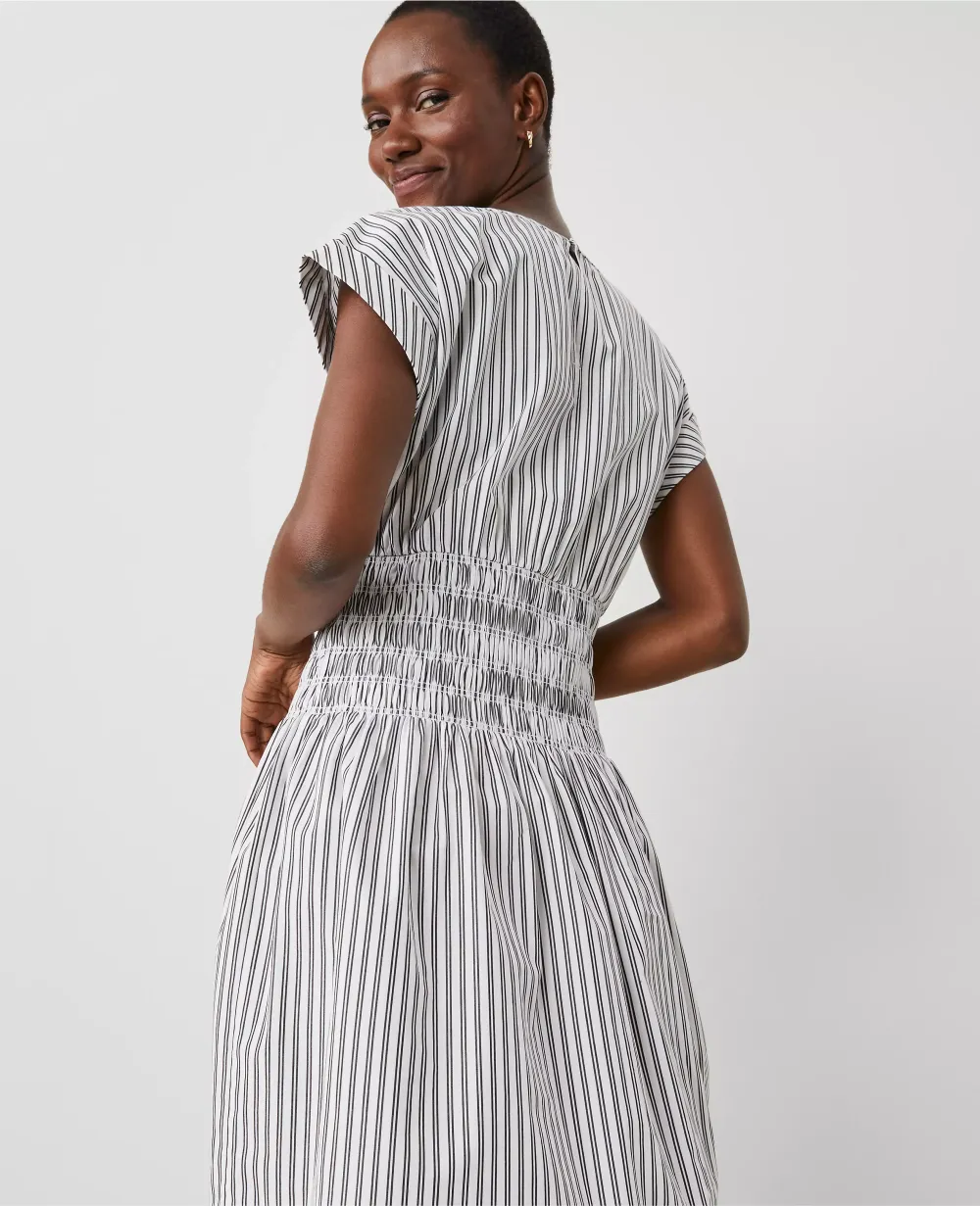 Striped Smocked-Waist Midi Flare Dress