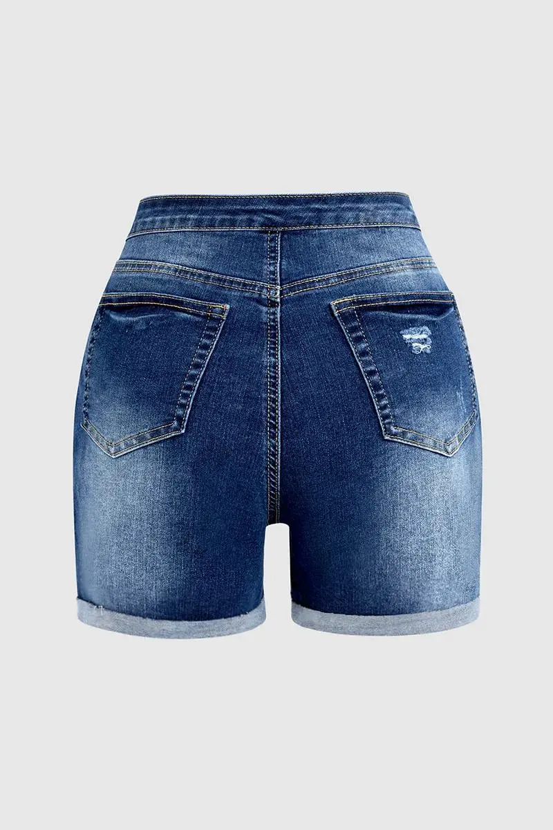 Tie Front High Waist Roll Hem Denim Shorts