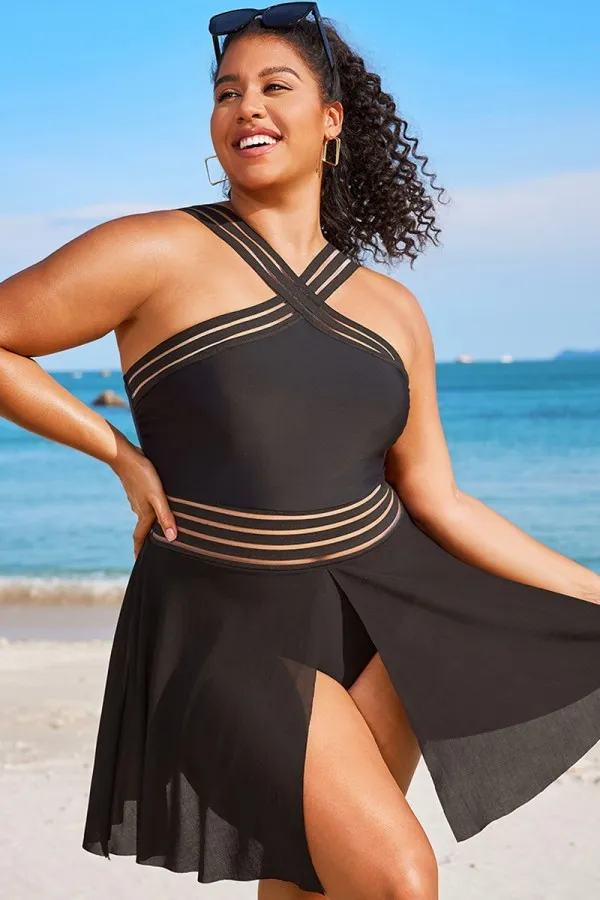 Black Crossover Mesh Vintage One Piece Swimsuit