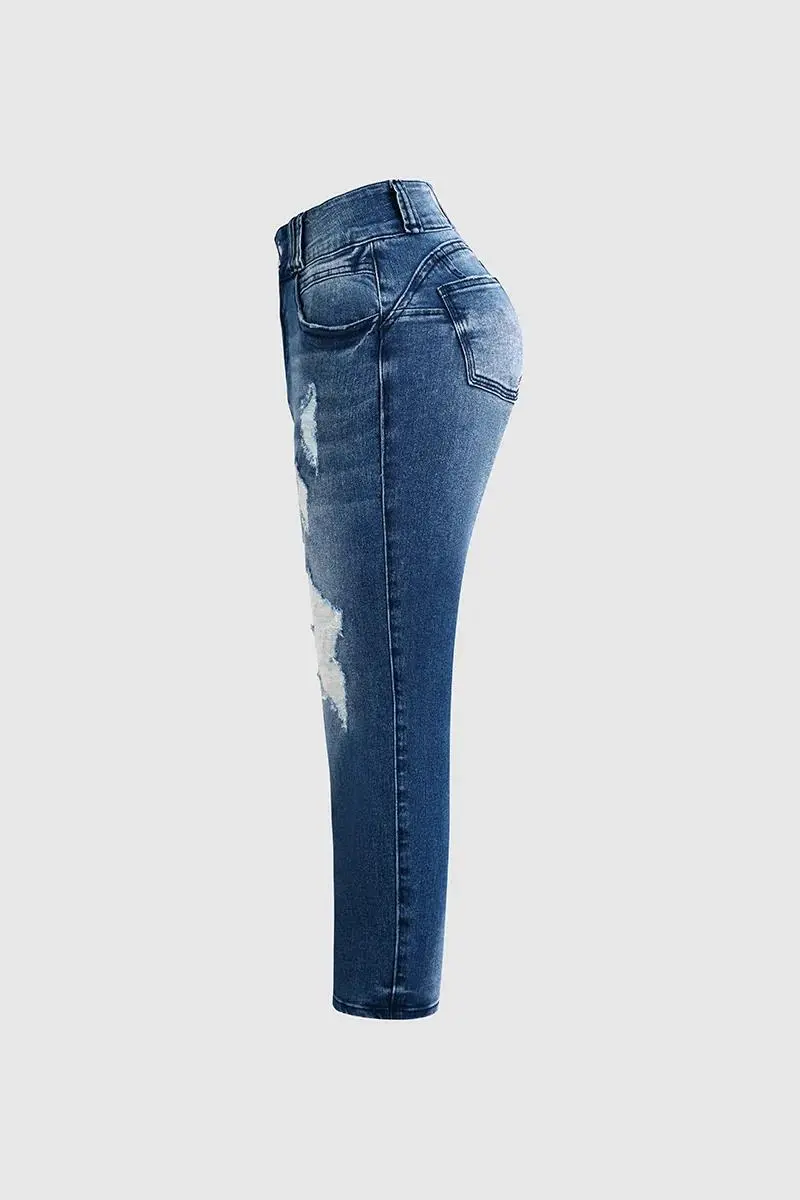 Wash Ripped Double Button High Rise Capri Jeans