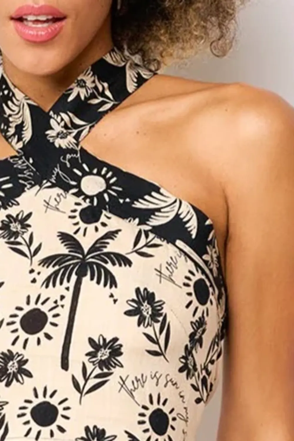 Beige And Black Tropical Print Halter Crop Top