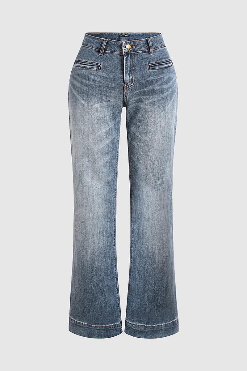 Washed Pocket Detail Low Rise Flare Jeans Without Belt