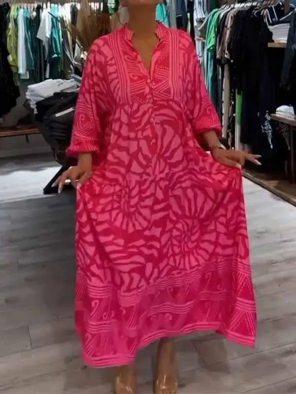 Women's Elegant Maxi Dress Plus Size V-neck Printed Loose Dress
