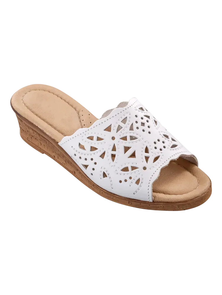 Women's Leather Cutwork Wedge Slide Sandals