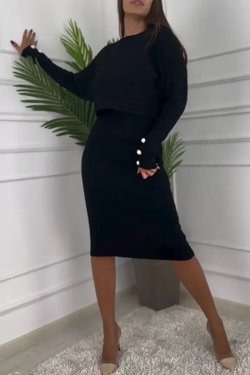 Women's Round Neck Long Sleeve Knitted Sweater Casual Suit Dress