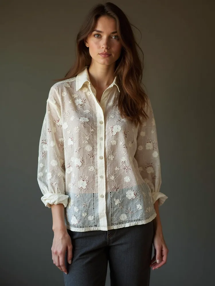 Women's Floral Lace Embroidery Art Long Sleeve Shirt