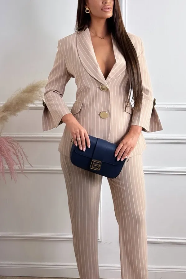 Women'S Fashion Striped Casual Slit Top And Pants Two-Piece Set